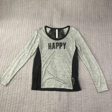 Lorna Jane Active Shirt Womens Medium Gray Lace Back Long Sleeve HAPPY Graphic