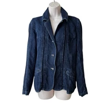 J. Jill Womens Denim Blazer Size 6 Dark Blue Linen Blend Three Button Jacket