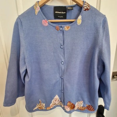 Michael Simon blau Perlen Muschel Cardigan Seidenmischung verziert Strick UK 12-14