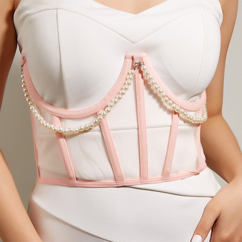 Corsé ancho de cadena de perlas Bustiers para mujer cinturón malla transparente corsé cintura alta - Imagen 15 de 15