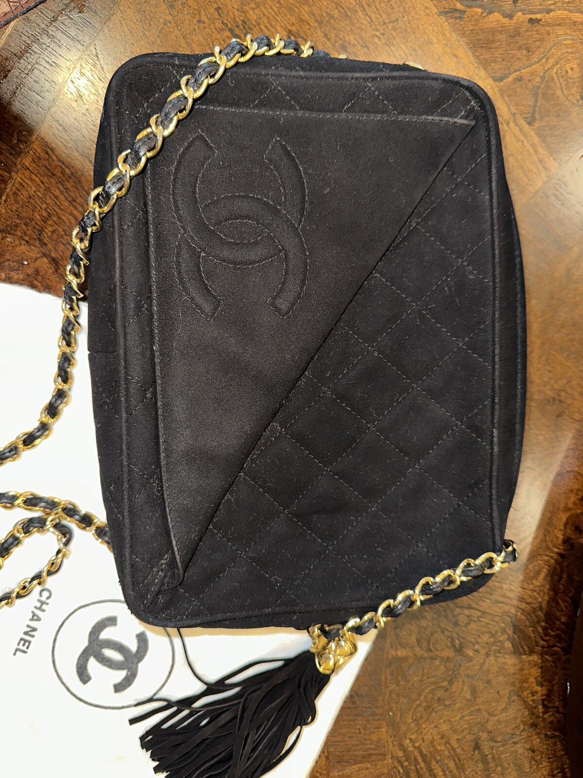 RARE 90s Chanel Black Suede Quilted Shoulder Bag W/Ta… Gem
