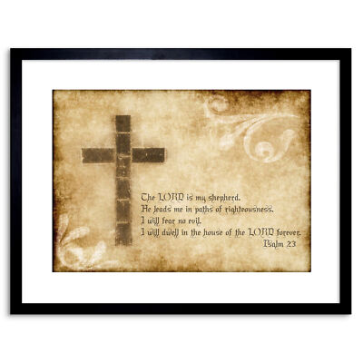 Quote Psalm 23 Lord Shepherd Cross Christian Religion Framed Wall Art Print 9X7''