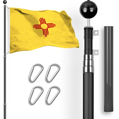 Combo: 16Ft Telescoping Flagpole Black & New Mexico NM Flag 3x5Ft Emb Spun Poly