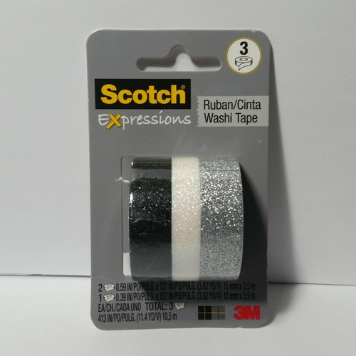 Scotch Expressions Washi Tape 3 Rolls Glitter Black White Silver  - Picture 1 of 8