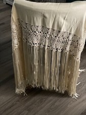 Vintage HUGE Off White Cream Fringe Piano Shawl Scarf
