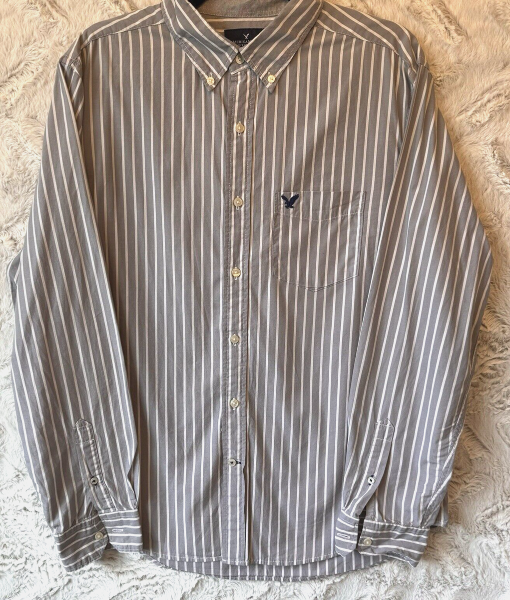 american eagle long sleeve dress shirts American Eagle Mens Long Sleeve Button Down Pink Striped Slim Fit Shirt in Large