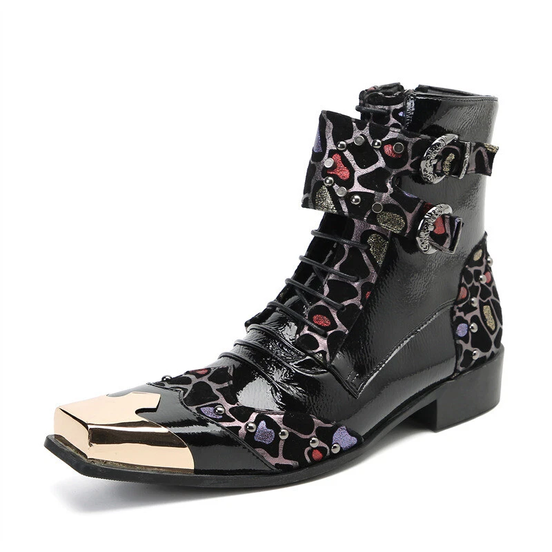 Botines florales de metal con punta cuadrada para hombre de cuero real con cordones ropa de club nocturno hebilla cremallera Foto 2 de 4