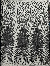 FEATHERS - Design Sequins Embroider 4 Way Stretch Mesh Fabric By The Yard