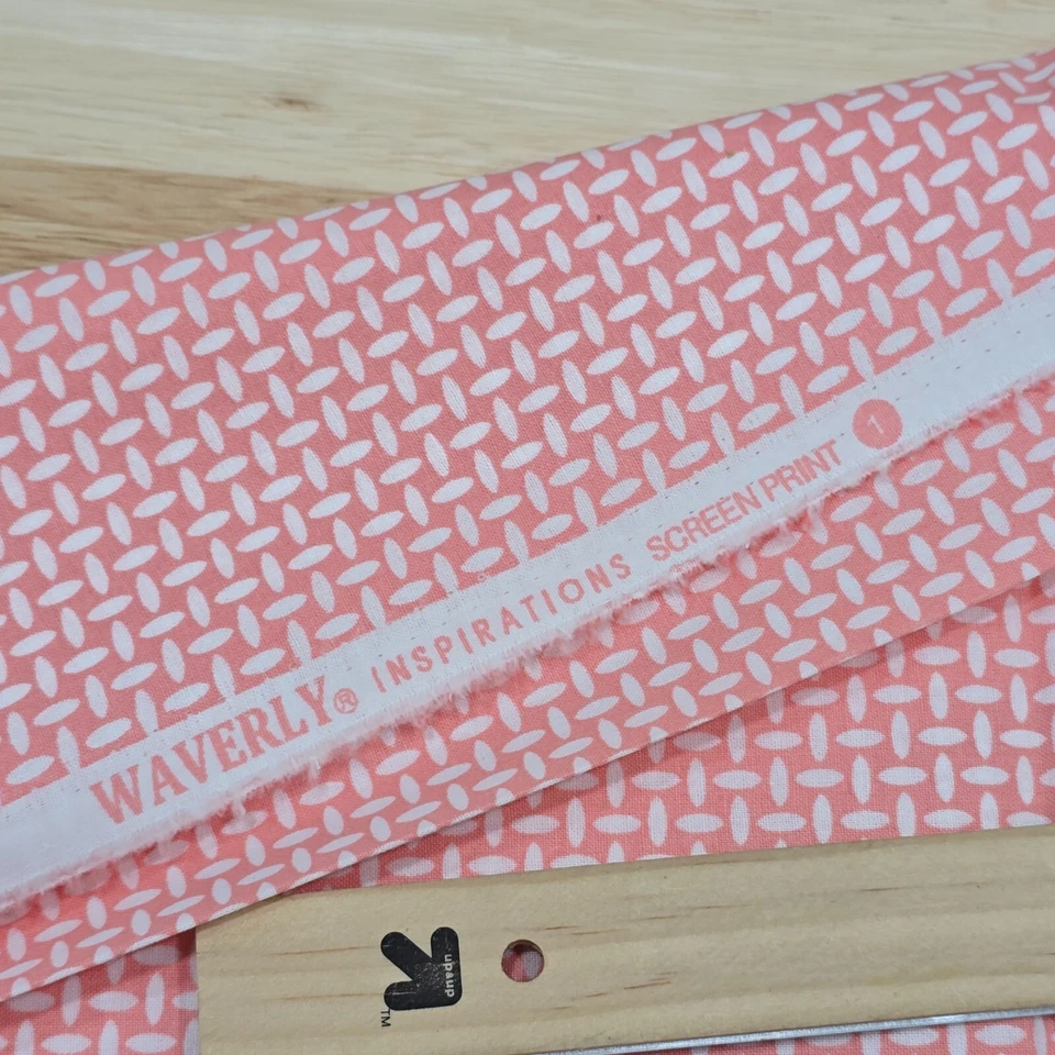 Cotton Fabric 36"x44" Waverly Screen Print Peachy Pink White Geometric Weave - Image 2 of 4