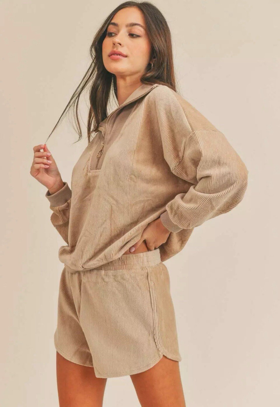 MABLE Corduroy Half Zip Top and Shorts Set taupe womens  large minimalist modern