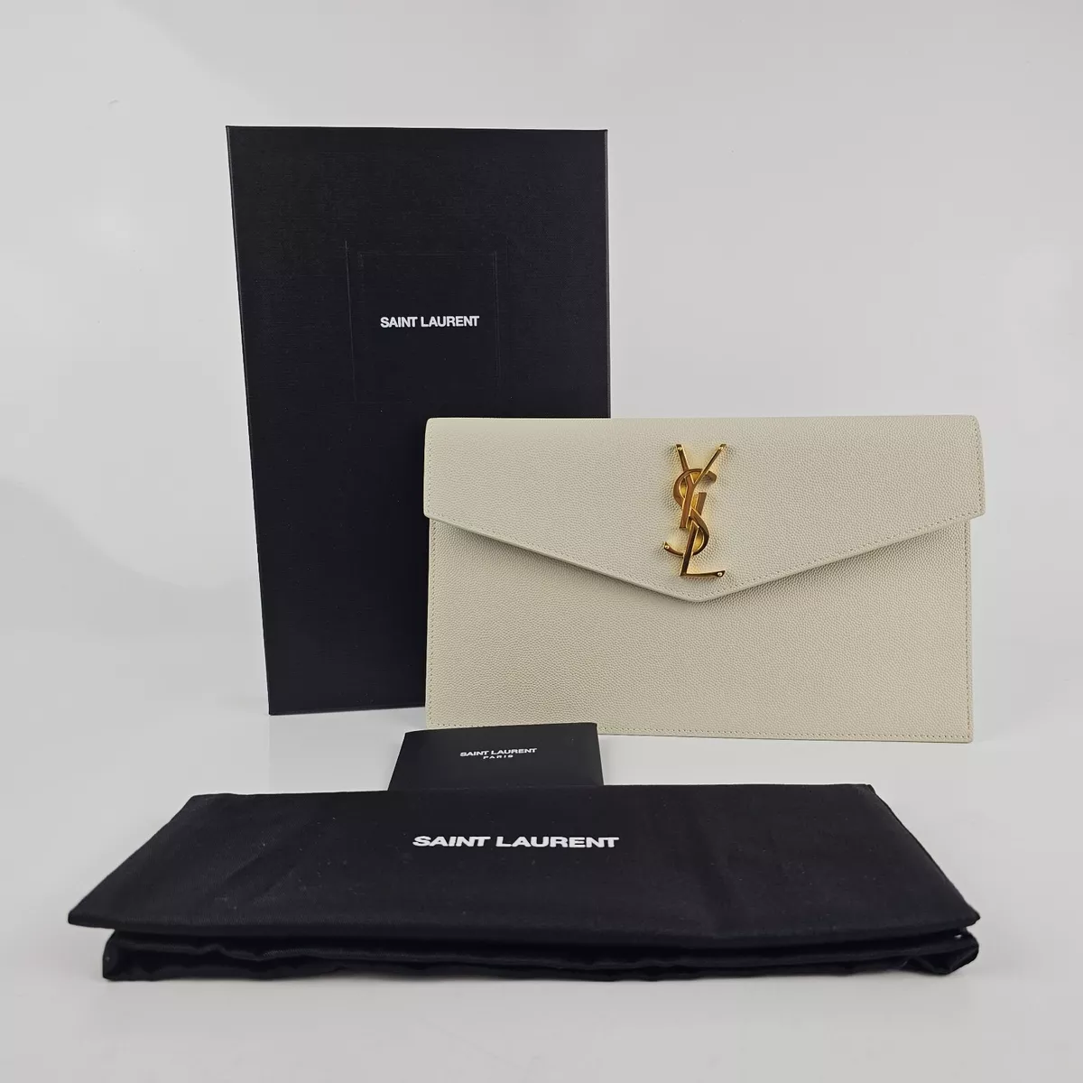 YVES SAINT LAURENT Uptown Envelope Grain De Poudre Leather Clutch Blac