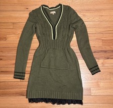 Princess Vera Wang Sweater Dress Small Green Knit Lace Hem V Neck Pocket Preppy
