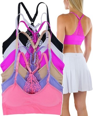 Women's Pack of 6 Back-Lace Racerback Sports Bras - Thin Straps w/Backlace - OSP