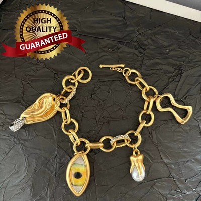   AUTH High Quality Schiaparelli Pearl Rhinestone Eyes Ears Gold Bracelet Gift