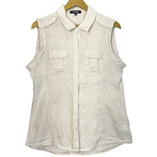 Saks Fifth Avenue Linen Button Down Shirt Tank Size L Beige Pockets Money Preppy