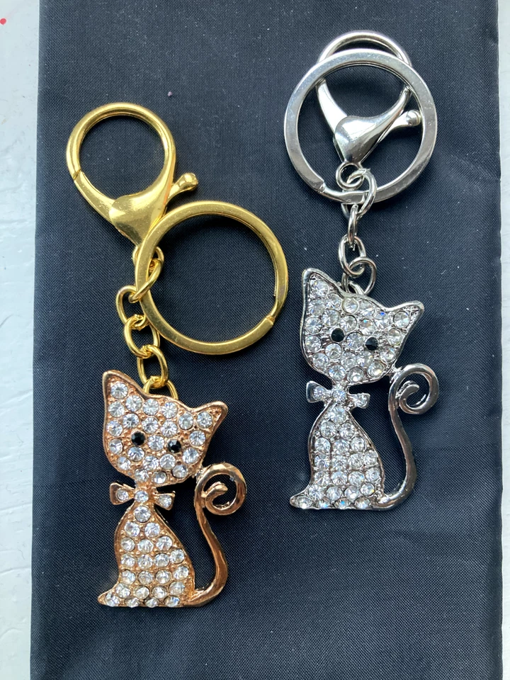 GOLD OR SILVER PHONE,HANDBAG KEYRING DIAMANTE CRYSTAL LARGE KITTY CAT CHARM