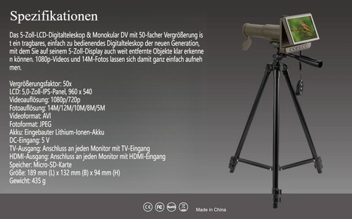 Digitale Teleskopkamera 50xZoom 1080P Video 5" LCD mit Stativ 32GB Speicherkarte - Bild 10 von 12