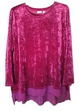 LOGO Lori Goldstein Crushed Velvet Top with Chiffon Hem Magenta Size 3X
