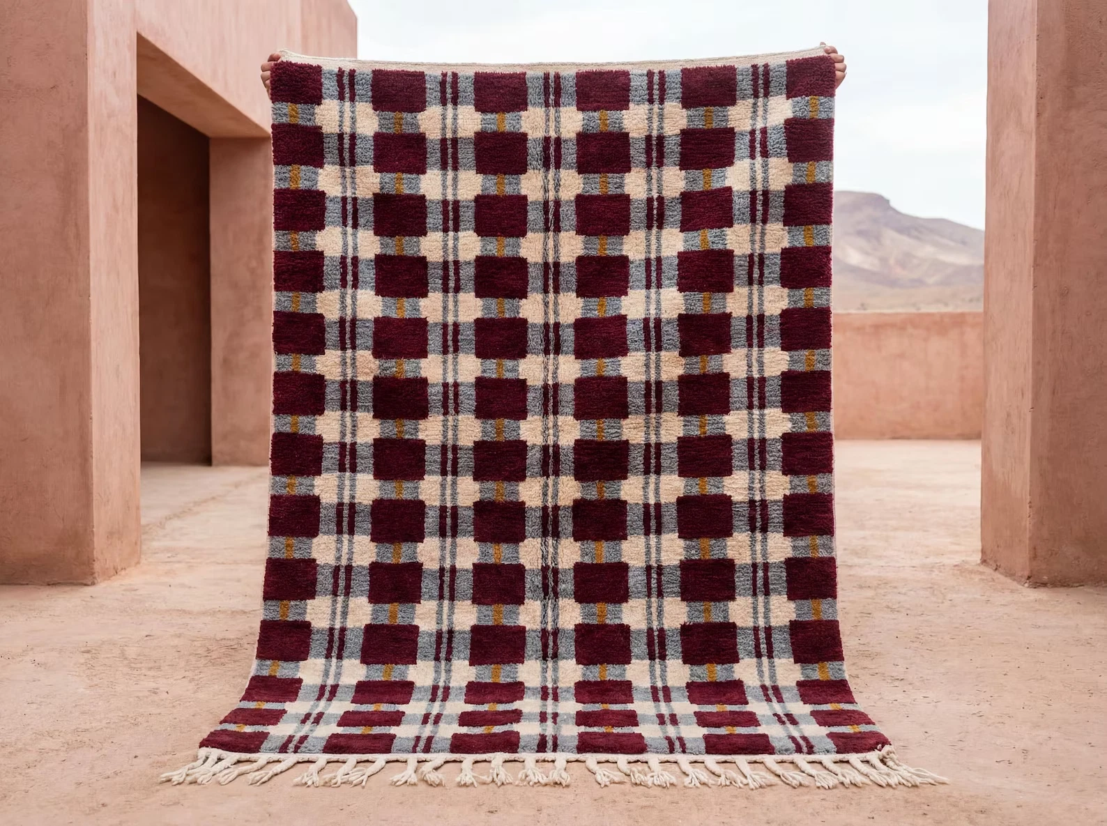 Burgundy Moroccan Rug – Handwoven Wool Checkerboard Berber Area Rug Carpet