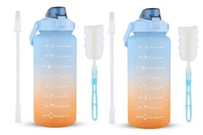 2-64Oz Sport Motivational Water Bottle BPA Free Straw Time Marker & Brush