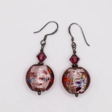 Venetian-style Glass Bead Dangle Drop Earrings Metallic Colorful Pierced Ears