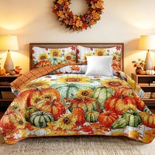 Happy Thanksgiving Harvest Quilt King Size, Fall Bedding Set