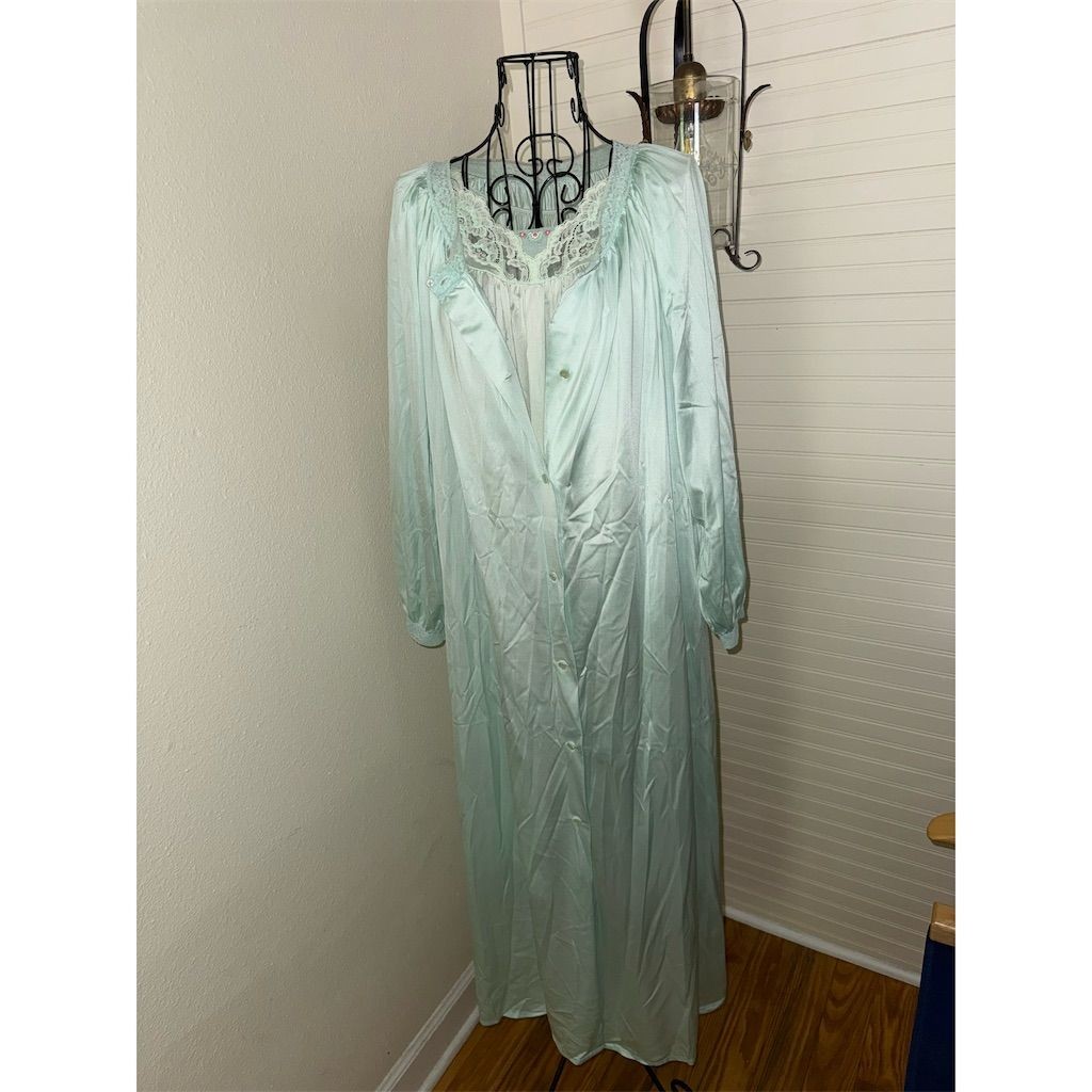 Vtg Shadowline Women's Kimono Robe and Nightgown Set Small Aqua Blue Lace Trim