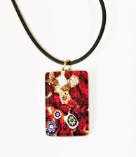 GENUINE MURANO ART GLASS MULTI RED+GOLD RECTANGLE PENDANT+BLACK RUBBER NECKLACE