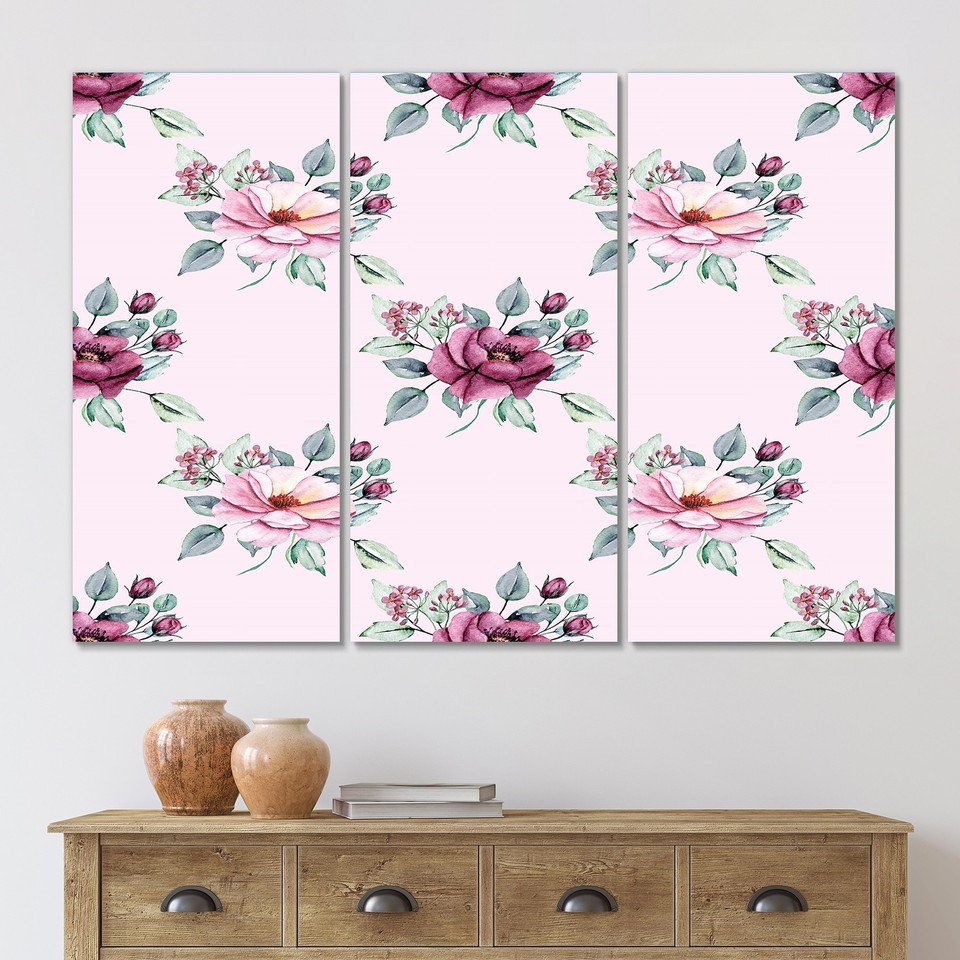 Designart "Pink And Red Spring Flowers On Pink" Patterned Canvas Wall