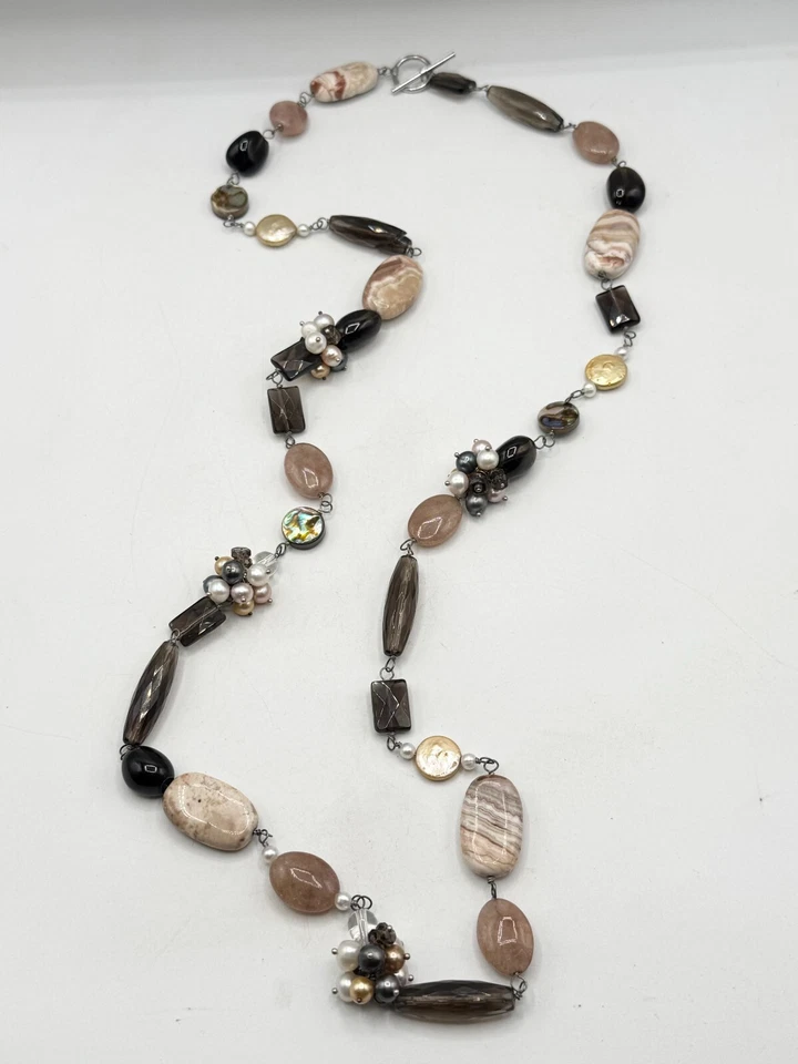 Genuine Pearl Agate Smokey Quartz Abalone Shell & MOP Long Beaded Necklace — 第 2/4 张图片
