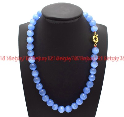 Natürliche schöne 8/10/12 mm blaue Katzenauge runde Edelstein Perlen Halskette 16-32 Zoll