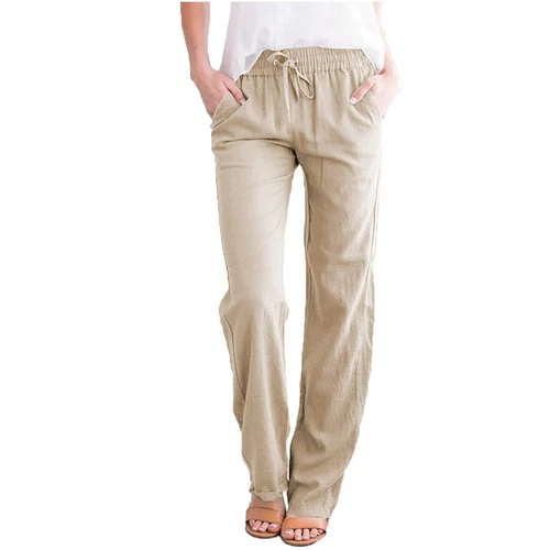 Damen Gerade Elastische Taille Hose Kordelzug Baumwolle Leinen Freizeit Lockere Hose - Bild 11 von 43