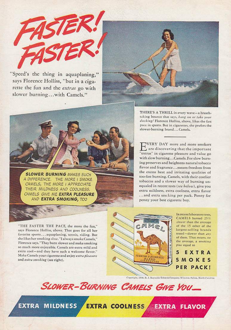 Faster! Faster! Aquaplaning with Florence Holliss Camel Cigarettes ad 1940  T
