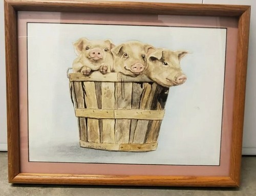 Pigs Painting / Libby Norris Watercolor 3 Pigs In A Basket Country Art farm art - Picture 2 of 17