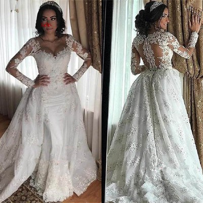 Beading Detachable Skirt Mermaid Wedding Dresses Plus Size Long Sleeves Gown Ebay