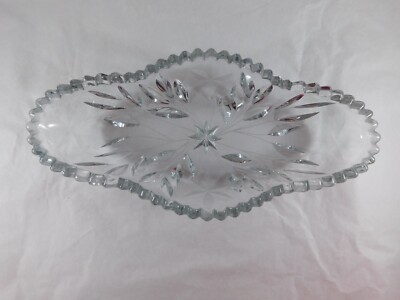 Vintage Heavy CRYSTAL CUT GLASS OVAL DISH Sawtooth Celery Pickle Relish Bowl