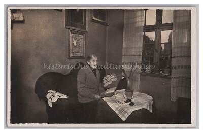 Old Woman Reading in Book - Sofa Apartment - View Out Window - Old Photo