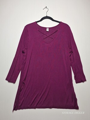 Womens Tunic Dress Large Heather Pink Classic V-Neck Long Sleeve Casual Pullover