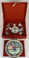 Vintage Porcelain Miniature Chinese 9 Piece Tea Set Tray Red Brocade Gift Box
