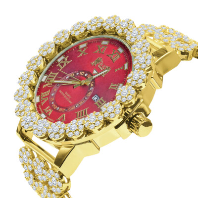 Ruby Red 18K Gold Tone Finish 12 Real Diamond Dial Men's Flower Band Bezel Watch