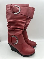 Women's  Top Moda Low Wedge Mid-Calf Knee High Slouchy Boot Shoes Size 5.5 Red