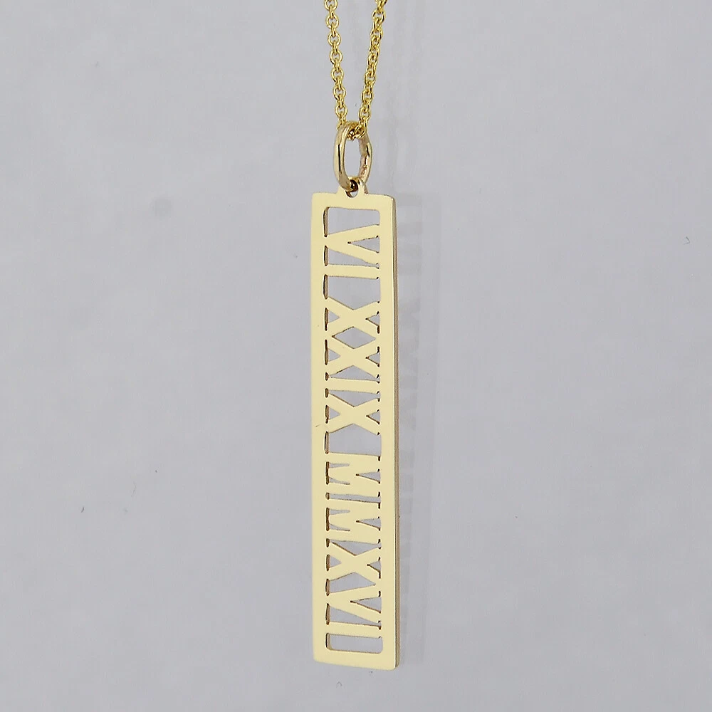 14k Gold Personalized Roman Numeral Bar Pendant Vertical 1.25 Inch