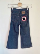Vintage 70s Dark Wash Bellbottom Flare Jeans 5 6 Little Stinker Kitty Patch EUC
