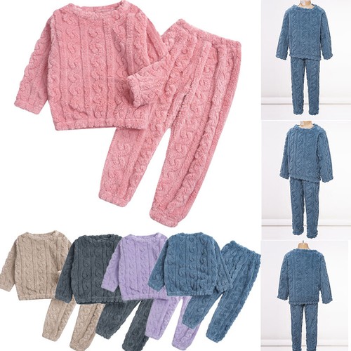 Kids Girls Pajamas Solid Color Set With Pants Outfits Nightwear Round Neck Tops - Picture 5 of 56