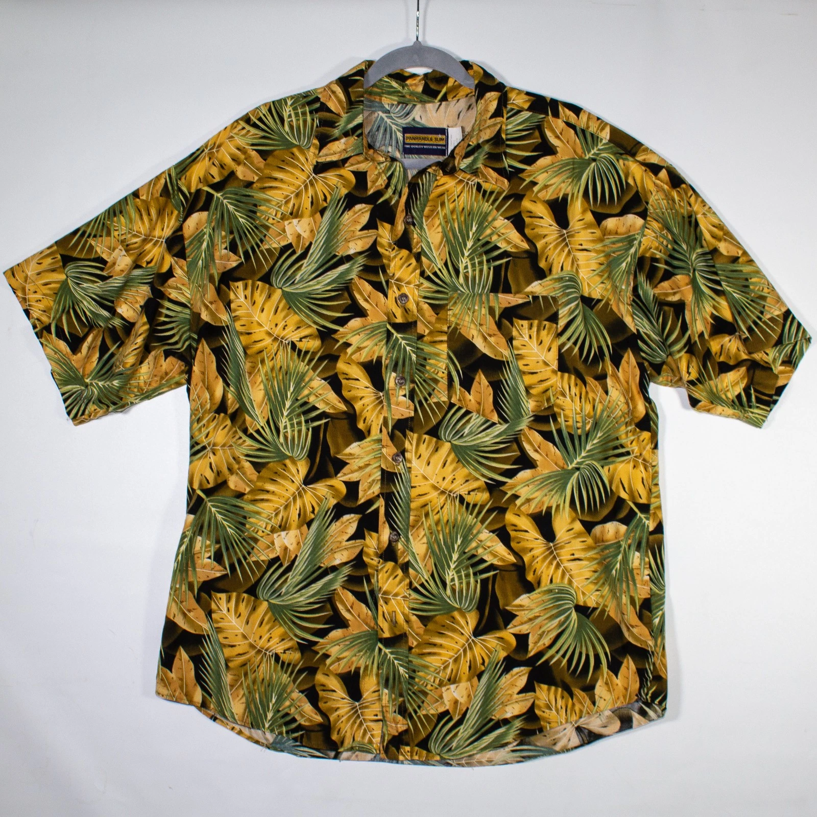 Panhandle Slim Hawaiian Shirt Men Large Black Green Cotton Camp Button-Up