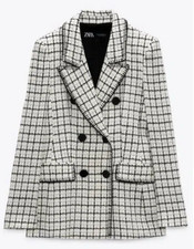 NEW Zara Textured Plaid Double Breasted Blazer Ecru Black Size Small MSRP 119