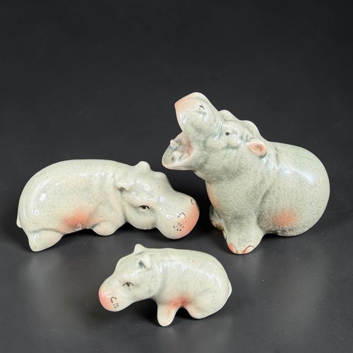 Vintage Miniature Ceramic Hippo Family Figurines Set of 3 Green Glazed Pottery