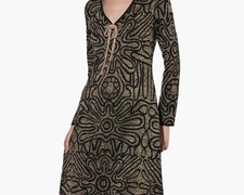 NWT Ming Wang Womens Metallic Swirl Long Sleeve Midi Dress Black/Gold XS (4,6)