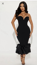 Black Strapless Sweetheart Neck Ruffle Bodycon Midi Dress Party Cocktail