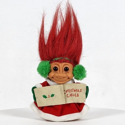 Vtg Russ Christmas Carols 5'' Red Hair Green Ear Muffs/Gloves Red Dress Troll